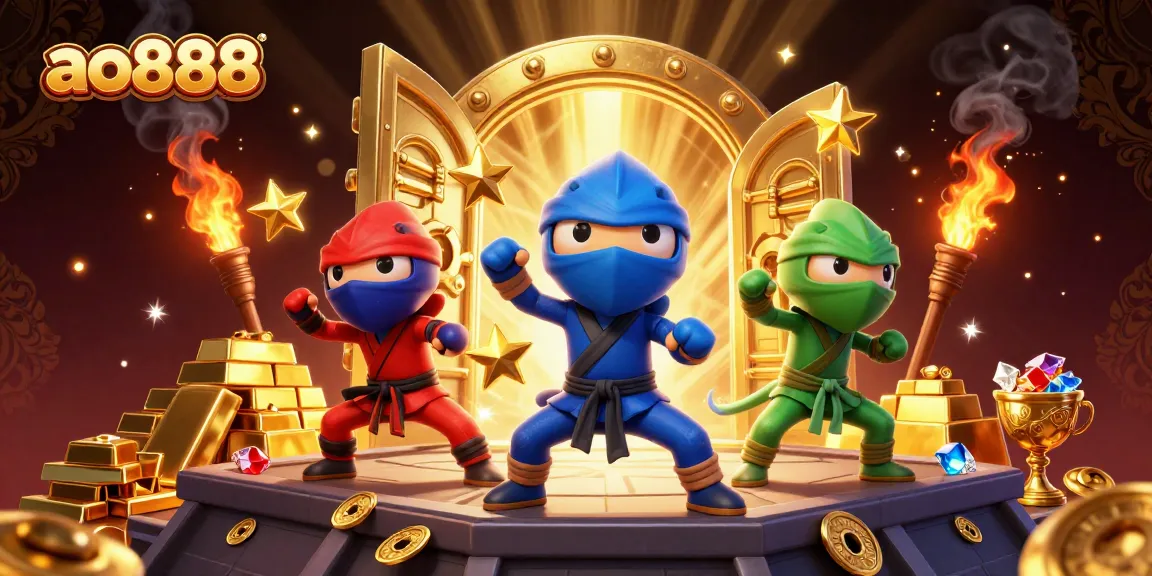 Engage in thrilling action at ao888 with chameleon ninjas surrounded by golden treasures.