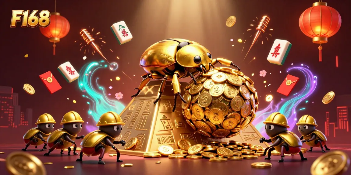 Experience F168's vibrant casino atmosphere with golden beetles and lively gaming elements.