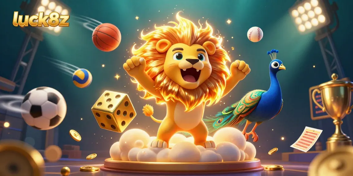 Immerse in luck8z's vibrant casino experience with a roaring lion, golden dice, and dynamic sports elements