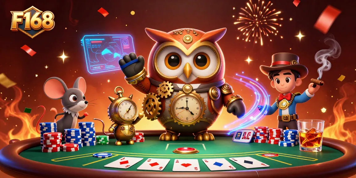 F168 offers a thrilling casino scene with a time-traveling owl and poker elements, enhancing gaming excitement.