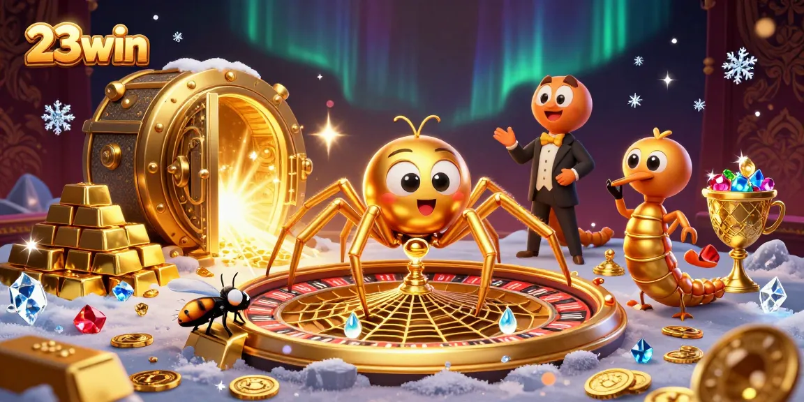 Experience the thrill of 23win with a golden roulette web in a vibrant 3D casino scene.