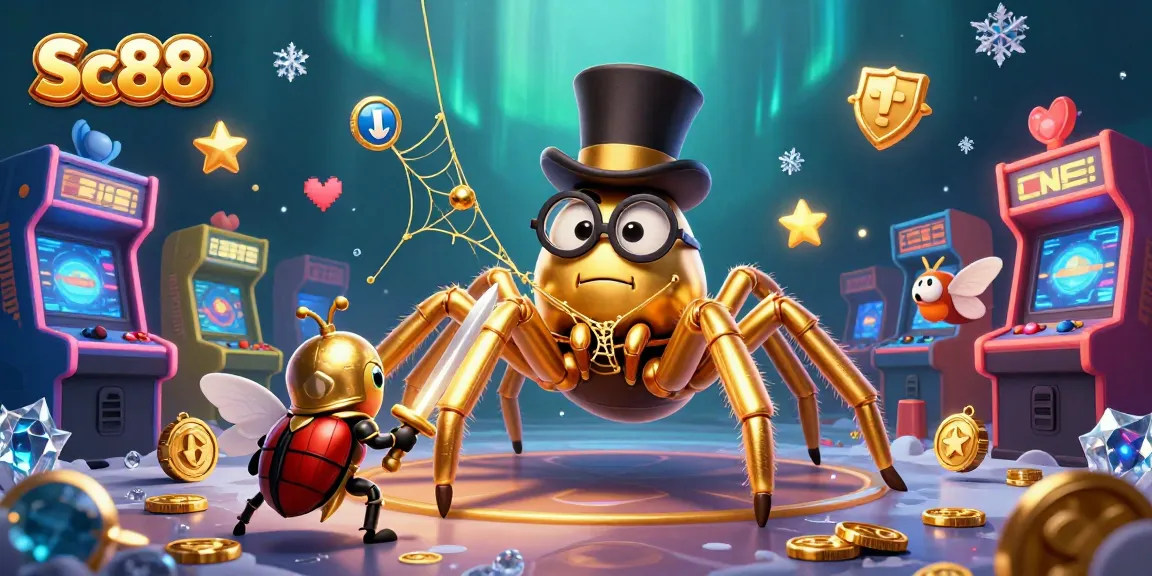 Engage in the vibrant world of Sc88, where a golden tarantula spins riches among games and glowing elements.