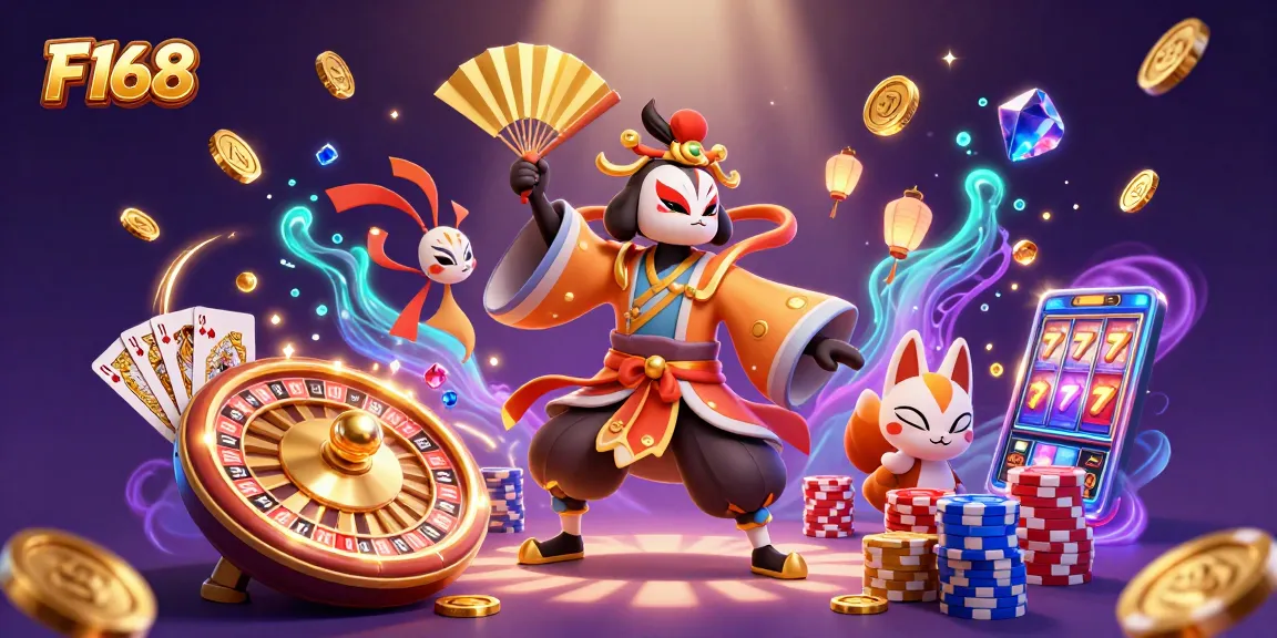 Experience F168 with immersive gameplay featuring kabuki warriors and casino elements in a vibrant 3D scene.