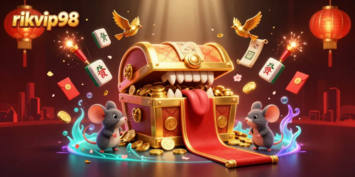 Engage in thrilling adventures at rikvip98 with our golden treasure chest and vibrant casino elements.