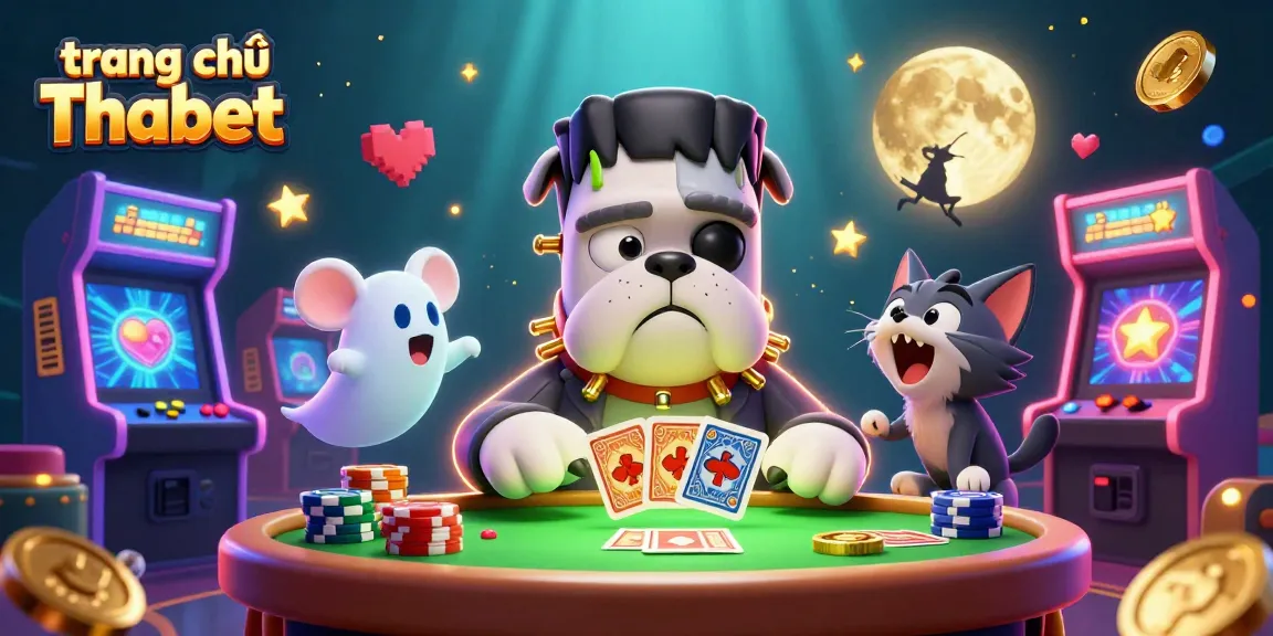 Engage with the vibrant offerings of trang chủ Thabet as a bulldog monster deals cards at a thrilling casino scene.
