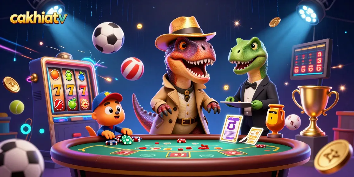 Engage with cakhiatv in this animated casino scene featuring a clever velociraptor and thrilling slot reels.